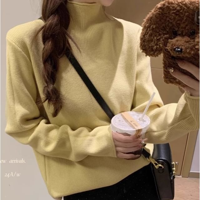 Trendycas-Mock Neck Plain Ribbed Sweater