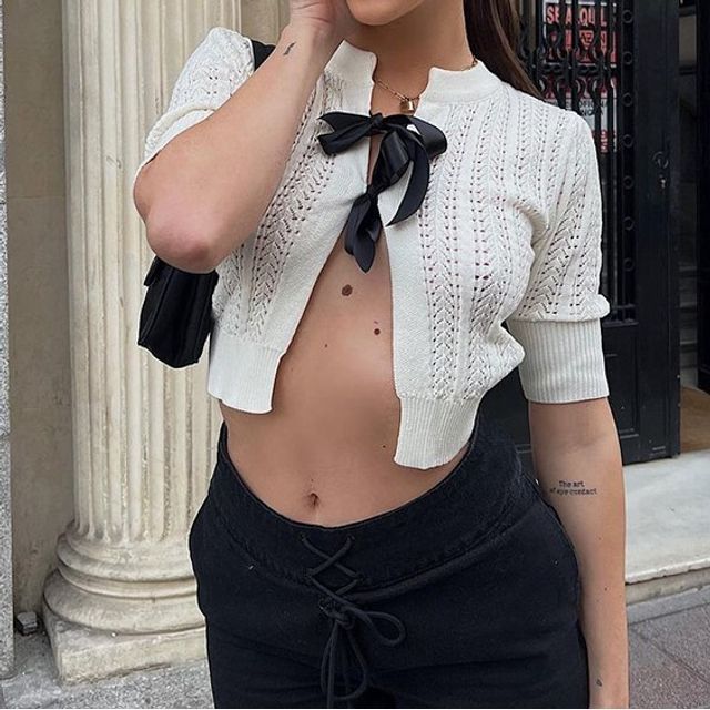 Sosana Short Sleeve Tie-Front Knitted Crop Cardigan YesStyle