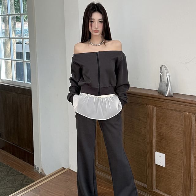 haruokiea-Off-Shoulder Cropped Zip Jacket Low Rise Two Tone Flared Pants
