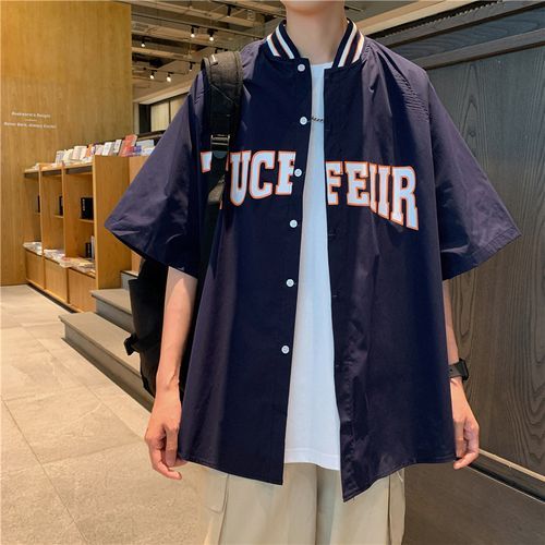 Elbow-Sleeve V-Neck Lettering Print Button Baseball Shirt