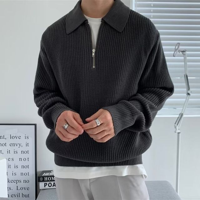 Collar Plain Half-Zip Sweater