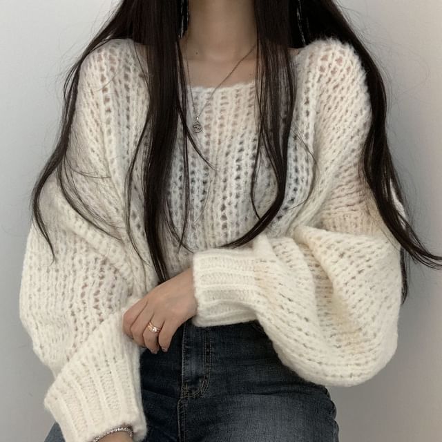 INEN-Scoop Neck Plain Cable Knit Sweater