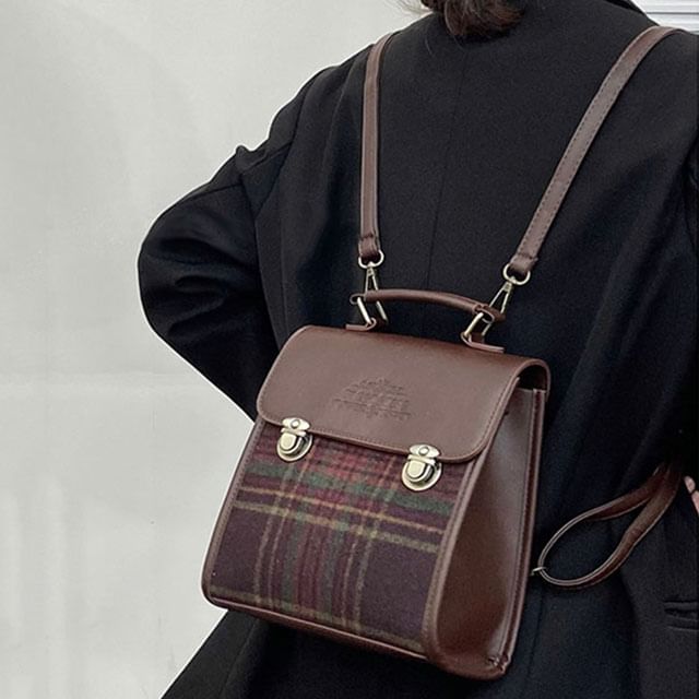 Basaran-Plaid Faux Leather Satchel Bag