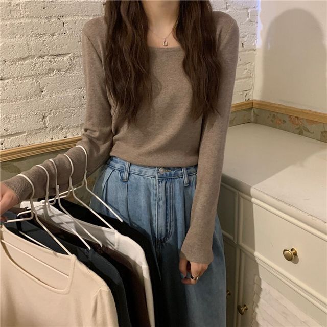 Magimomo-Long-Sleeve Square Neck Plain Knit Top