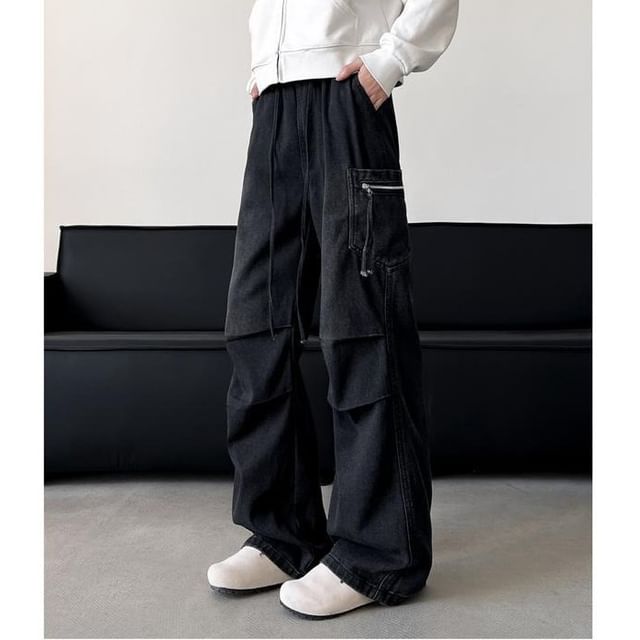 Blueforce-Drawstring Waist Washed Wide Leg Cargo Jeans