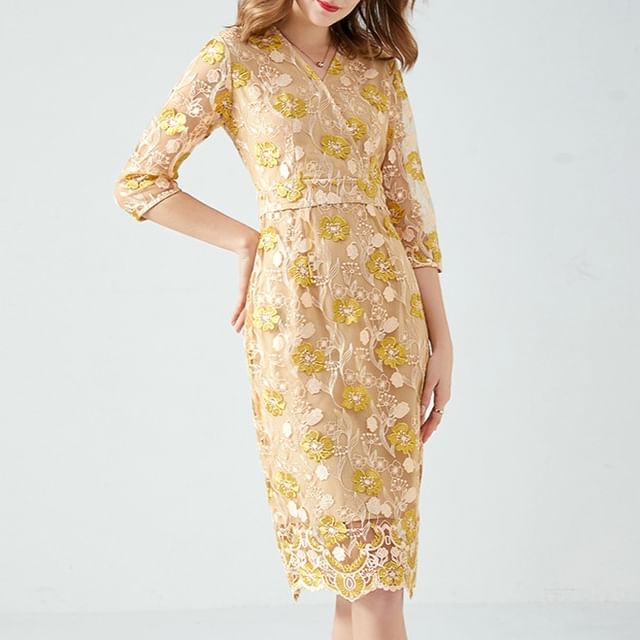 Doowex - 3/4-Sleeve V-Neck Floral Embroidered Slit Sheath Dress | YesStyle Doowex - 3/4-Sleeve V-Neck Floral Embroidered Slit Sheath Dress | YesStyle