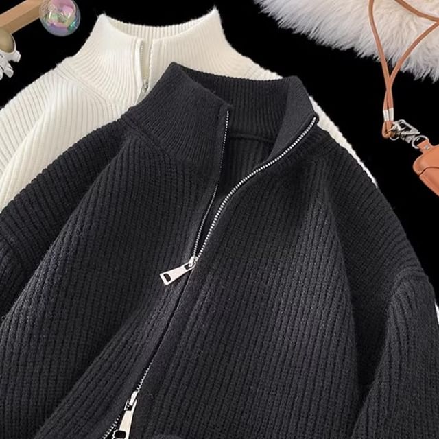 Kimeya-Plain Ribbed Zip Cardigan