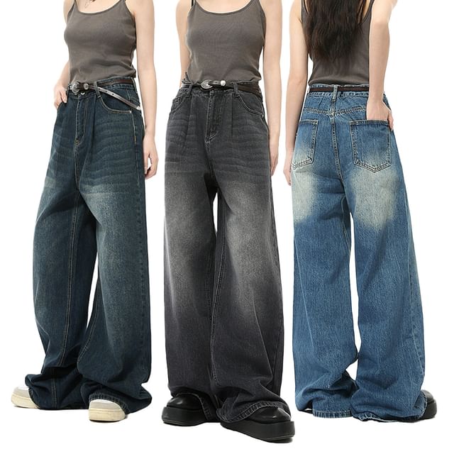 FAERIS-Mid Rise Washed Wide Leg Jeans