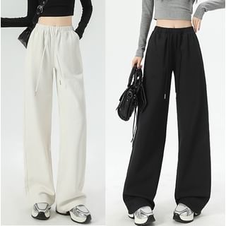 evanesce-Drawstring Waist Plain Wide Leg Pants
