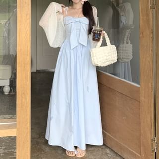 Spaghetti Strap Bow Plain Maxi A-Line Dress / Plain Cardigan