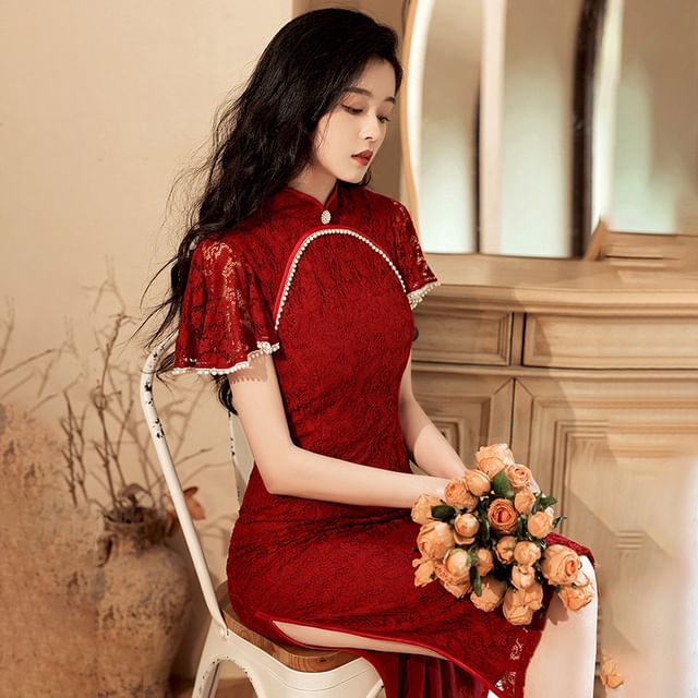 Fioridi - Short-Sleeve Lace Mini Qipao Dress | YesStyle Fioridi - Short-Sleeve Lace Mini Qipao Dress | YesStyle