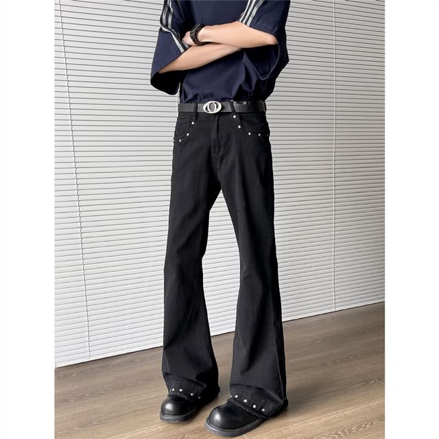 Plummie-Mid Rise Washed Studded Bootcut Jeans
