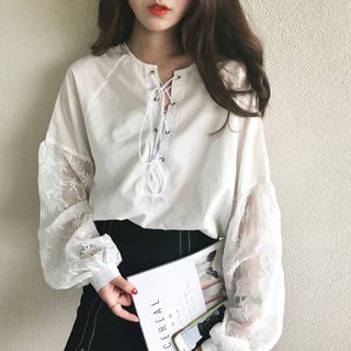 monroll Lace Up Lace Panel Long-Sleeve Blouse | YesStyle