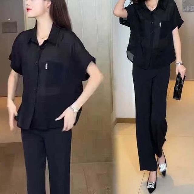 Everose-Short-Sleeve Collared Plain Shirt