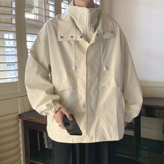 Lorencho-Mock Two-Piece Plain Hooded Zip Jacket