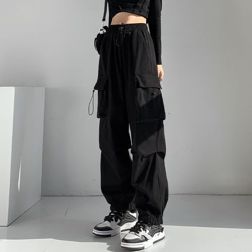 Isaaca - High Rise Plain Wide Leg Cargo Pants