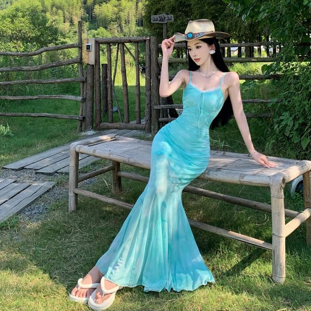 Spaghetti Strap Tie Dye Lace Trim Maxi Mermaid Dress