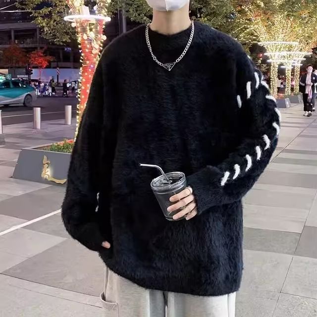 Bay Go Mall-Crew Neck Contrast Stitched Fluffy Sweater