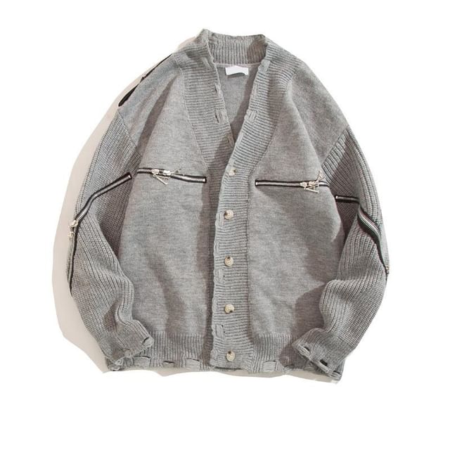 Yelmenor-V-Neck Button-Up Plain Cardigan