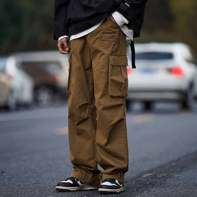 Nightbell-Mid Rise Plain Wide Leg Cargo Pants