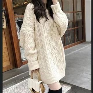 Everose-Crew Neck Plain Cable-Knit Oversized Sweater