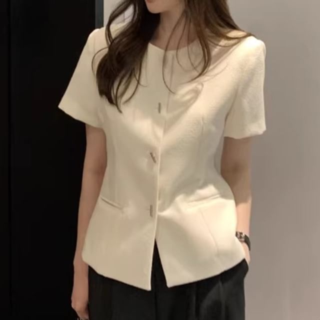 Coris-Short-Sleeve Crewneck Button-Up Plain Blouse