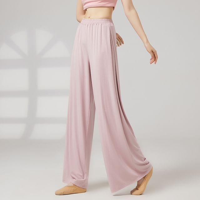 Runyz-Elastic Waist Plain Dance Wide Leg Pants