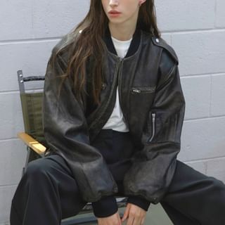 SeoulPop - Distressed Faux-Leather Bomber Jacket | YesStyle SeoulPop - Distressed Faux-Leather Bomber Jacket | YesStyle