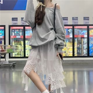 Metonymph Cold-Shoulder Long-Sleeve Plain Pullover / Spaghetti Strap Plain Lace Trim Mini A-Line Dress