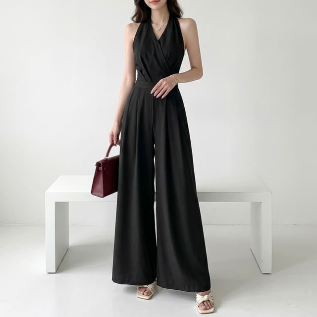 CICIRA-Halter Plain Wide Leg Wrap Jumpsuit
