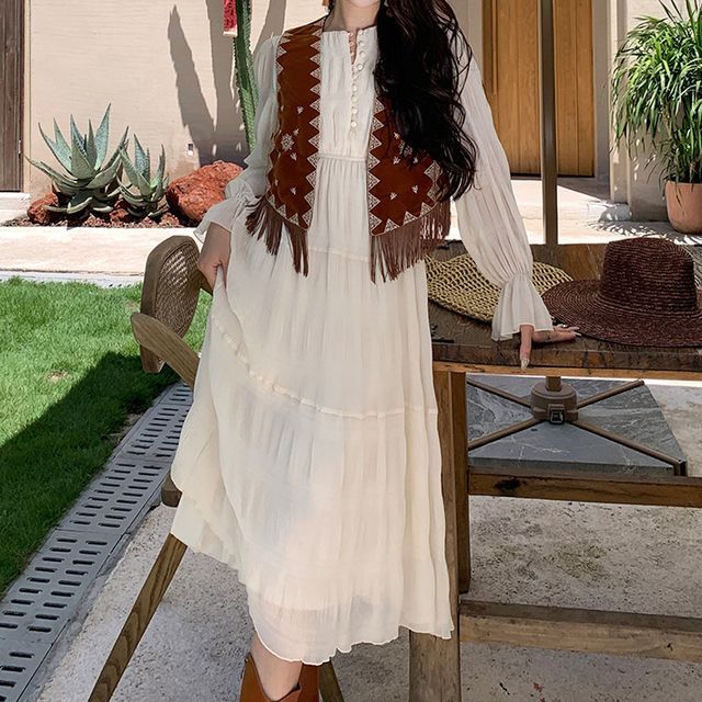 Long-Sleeve Crew Neck Plain Crinkle Half-Button Midi A-Line Dress / Print  Fringed Open Front Crop Vest