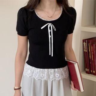 Allinya-Short-Sleeve U-Neck Lace Trim Top