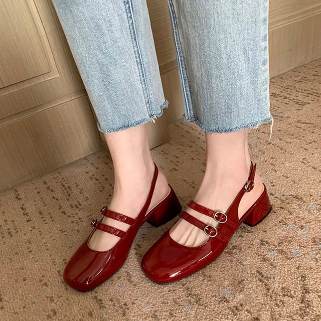 FRAISO-Plain Chunky Heel Slingback Sandals