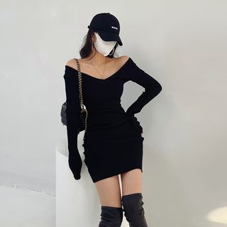 Janflower V-Neck Plain Ribbed Skinny Knit Dress YesStyle