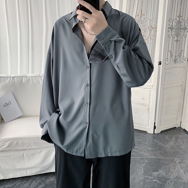 Wewewow-Long-Sleeve Plain Shirt