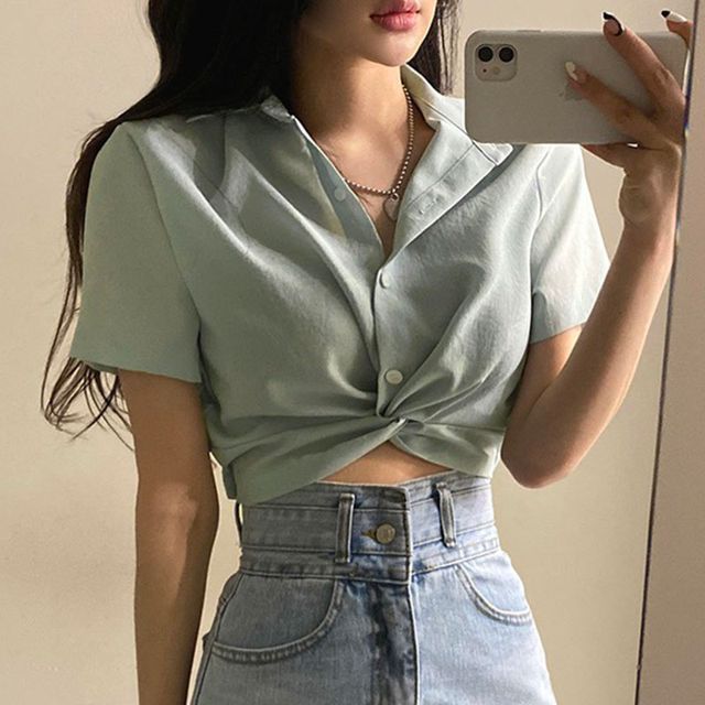 Coris-Short-Sleeve Plain Crop Shirt