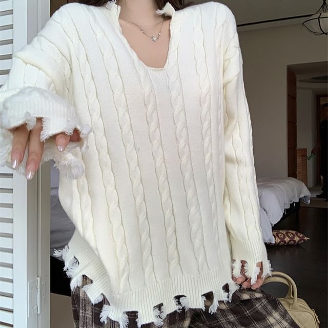 Beem-V-Neck Cable Knit Plain Sweater