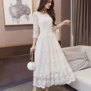 Elbow-Sleeve / 3/4-Sleeve Lace A-Line Midi Dress
