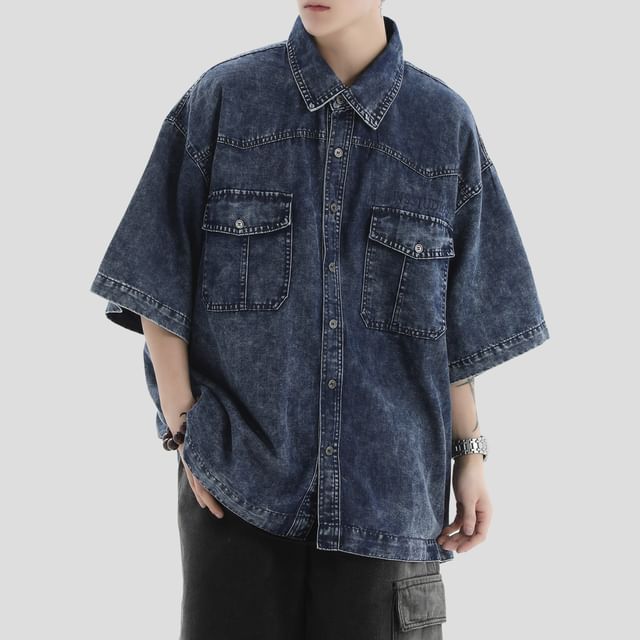 INStudio-Elbow-Sleeve Washed Pocketed Denim Shirt