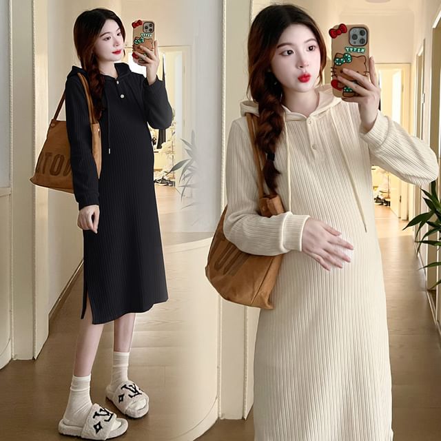 NEUF-Maternity Long-Sleeve Collared Plain A-Line Dress