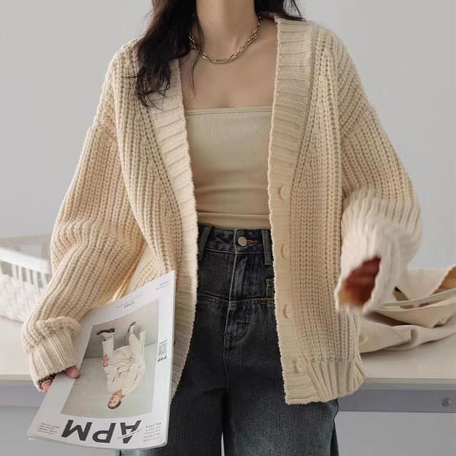 Bigfol-V-Neck Plain Button-Up Cardigan