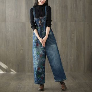 Flower Print Wide-Leg Denim Dungarees 