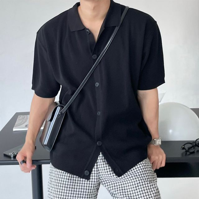 Okwano-Short-Sleeve Collar Button-Up Knit Top