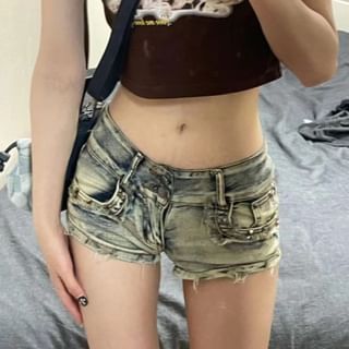 Leoom-Low Rise Washed Studded Distressed Hot Pants