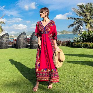 exaggerated sleeve maxi dress Darielle | Bottle Green High-Neck Cape-Sleeve Maxi Dress
