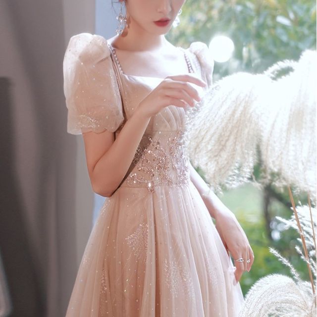 DreesHouse-Short-Sleeve Rhinestone A-Line Evening Gown