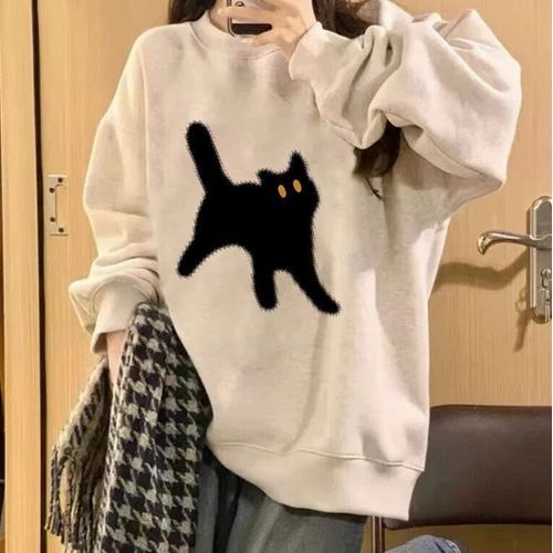 Black Cat-Printed Crew Neck Sweatshirt