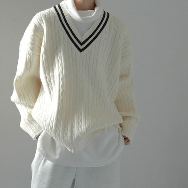Real Boy-V-Neck Two Tone Cable Knit Sweater