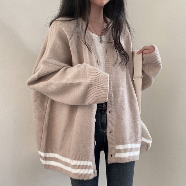 Moon City-Striped V-Neck Cardigan