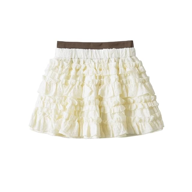 Ulark-High Waist Plain Ruffle Mini A-Line Skirt